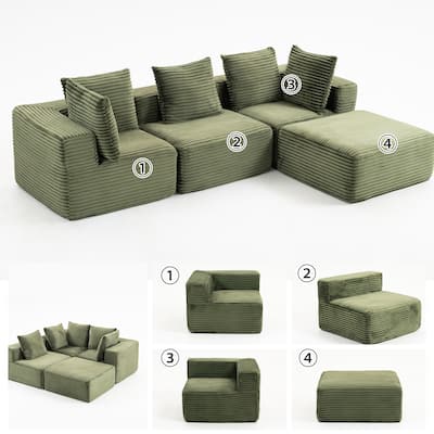 Floor Standing Deep Seat Sofa Corduroy Modular L-shaped Sectional Sofa with Chaise Lounge Compressed Sofa with Ottoman