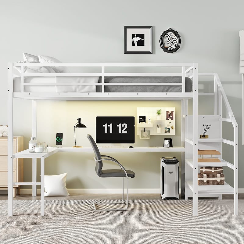 GDFStudio - Weston Loft Bed with L-shaped Desk and USB, Metal Loft Bed with smart necessaries for Kids Teens Adults