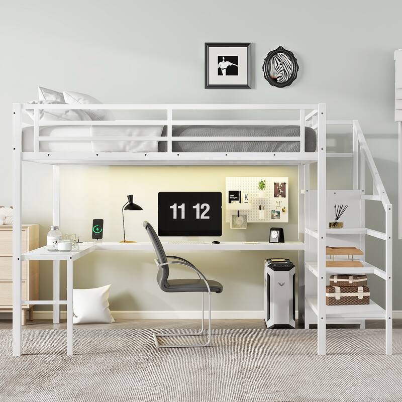 Roomfitters Queen Size Metal Loft Bed with L-Shaped Desk, USB Ports, LED Lighting & Adjustable Shelves, White