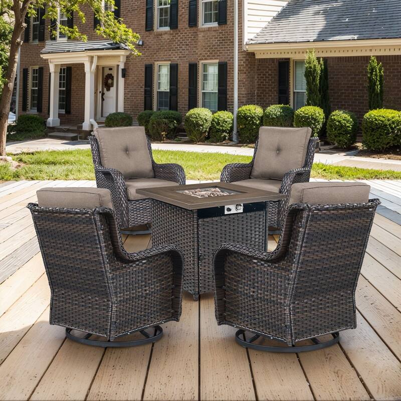 Gymojoy 5-Piece Outdoor Wicker Patio Furniture with Fire Pit Table, Rattan Coversation Set with Water Resistant Thick Cushions - Brown Wicker / Grey Cusion - 5-Piece