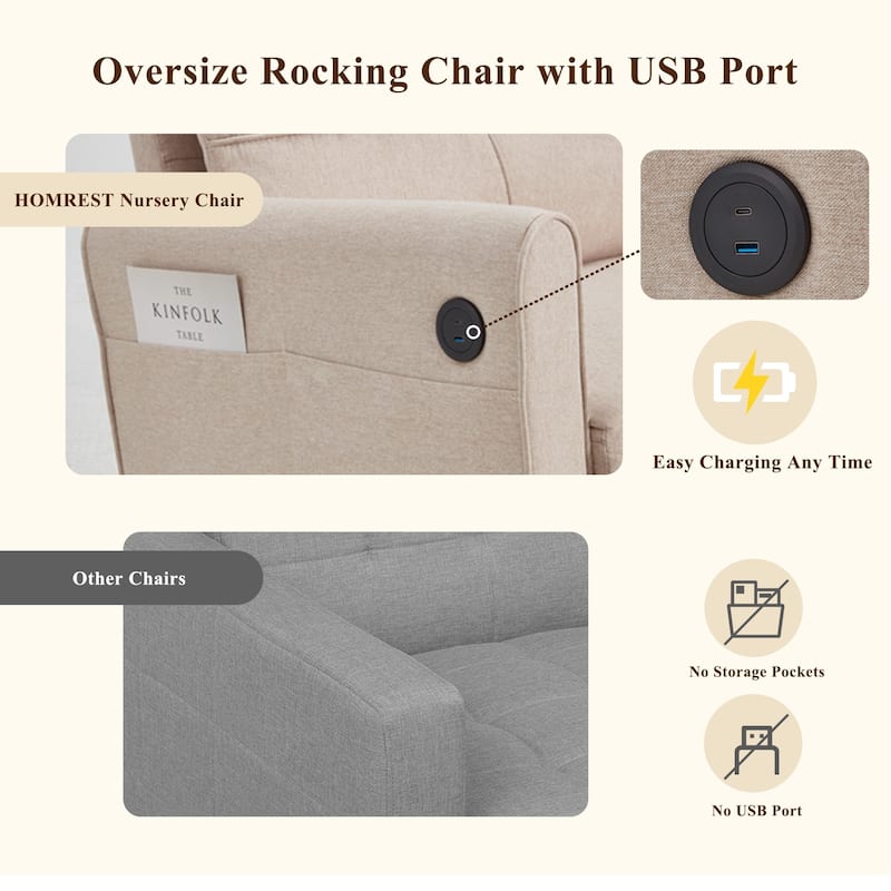 EROMMY Extra Wide Upholstered Rocking Chair with Tall Back, Storage Pockets for Living Room or Bedroom - 28.4x39.4x37