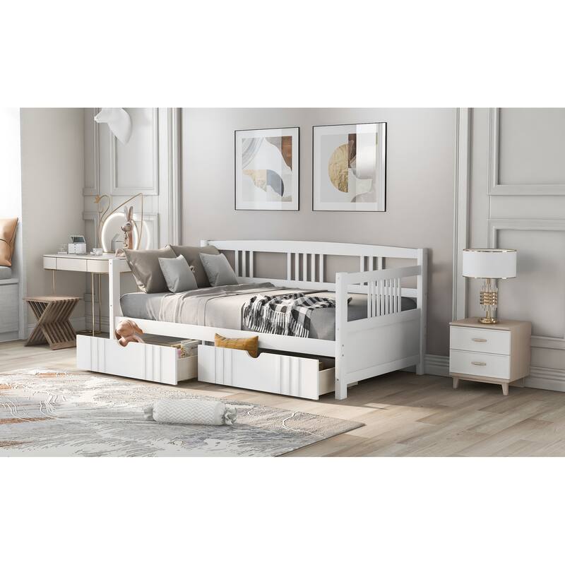 Daybed with Two Drawers, Solid Wood Frame, Guardrails, No Box Spring Needed