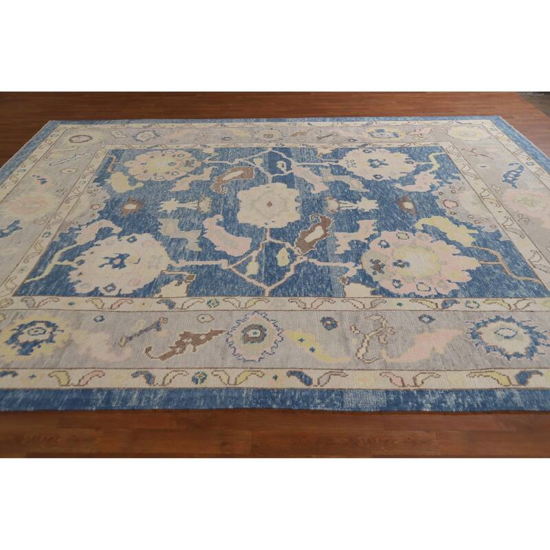 Hand Knotted Oriental 100% Wool Carpet Transitional All-Over Navy Blue & Blues Oushak Area Rug - 11' 2'' X 8' 11''