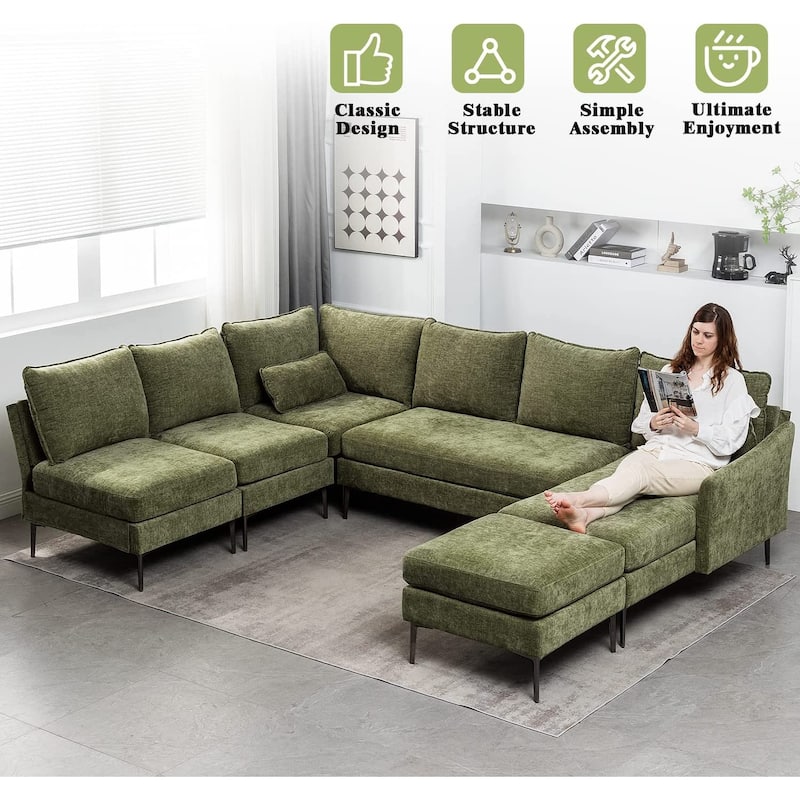 EROMMY U Shaped 6-seat Sectional Sofa Couch, Reversible Sleeper in Modern Chenille Design, with Chaise Lounge and Ottoman