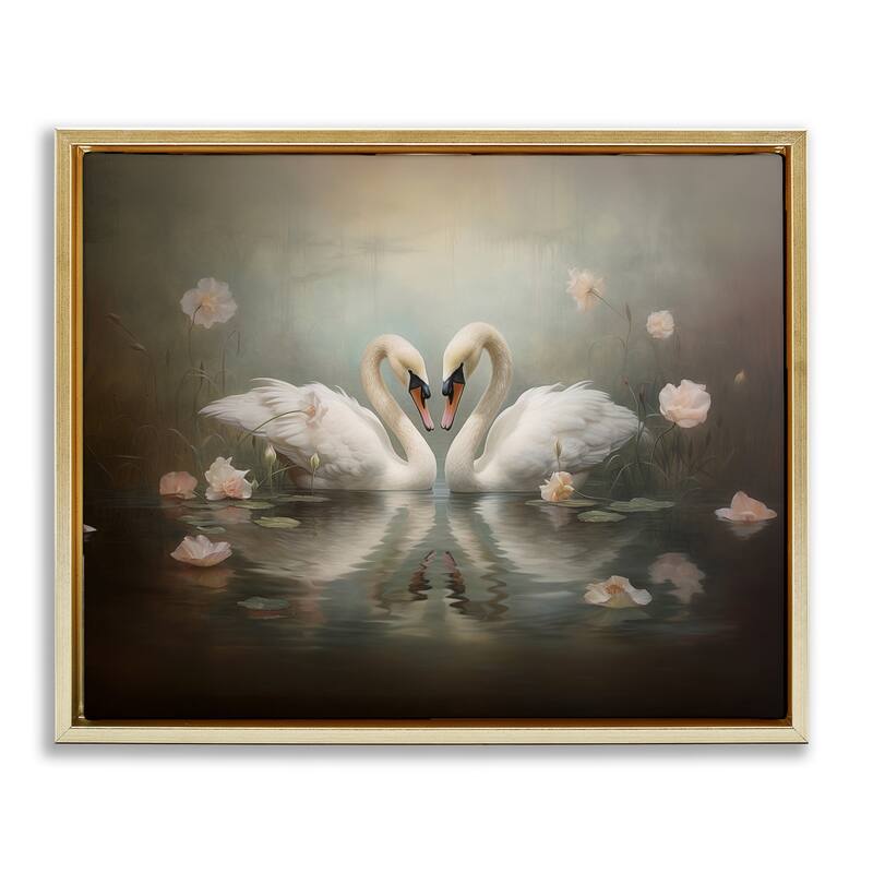 Stupell Romantic Swans Reflection Framed Floater Canvas Wall Art Design By Arlington Prints - 21 x 17 - Gold