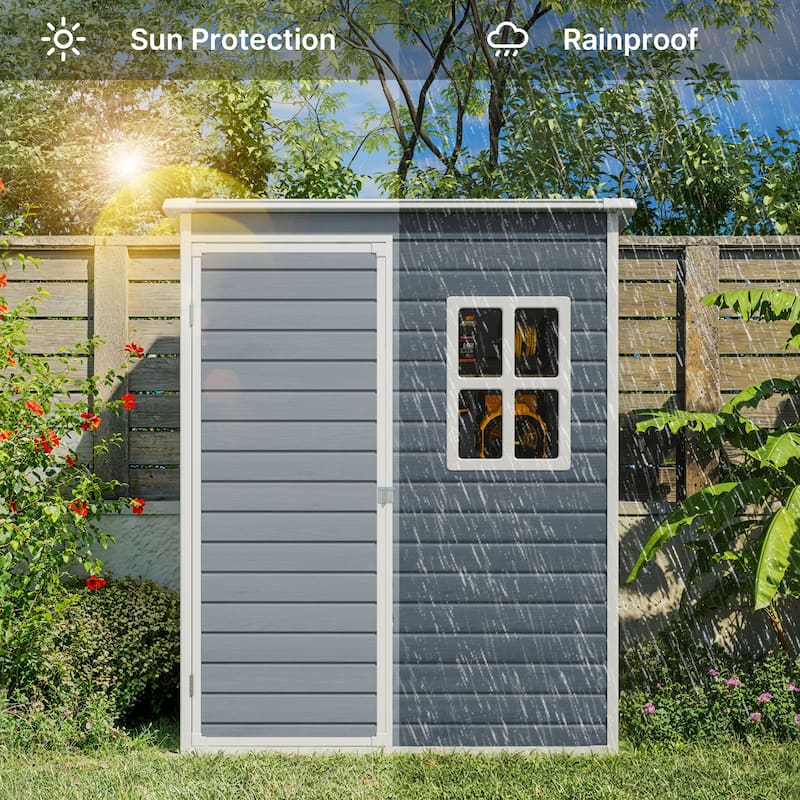 5x3 / 6x4 / 8x6 FT Outdoor Storage Shed with Floor, Resin Garden Tool Shed with Lockable Doors, Waterproof Plastic Storage Sheds