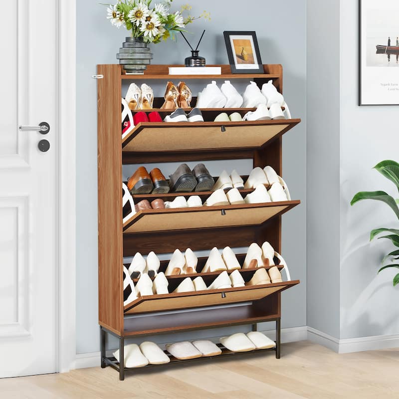 Wooden Shoe Storage Cabinet with triple-tier flip-up drawer