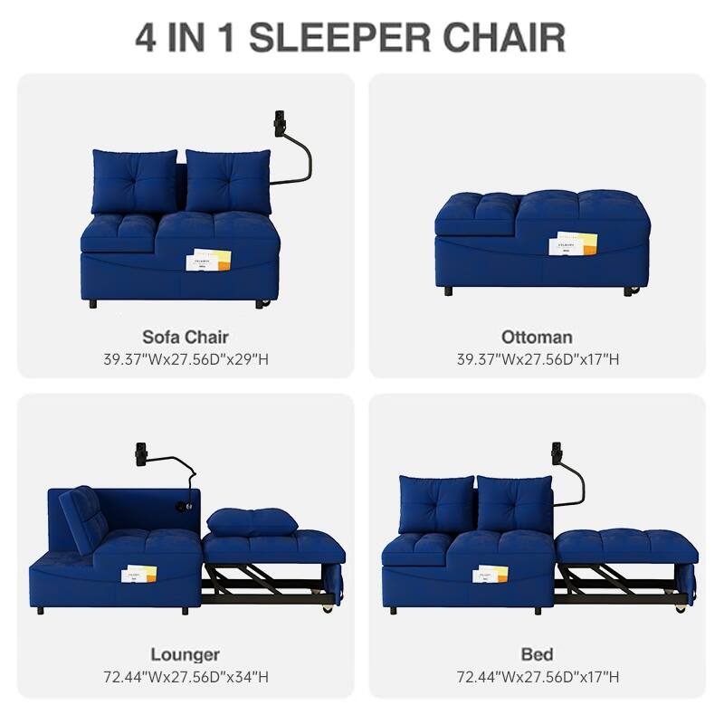 Velvet Pull-Out Bed Loveseat Sofa, Adjustable Back Tufted Futon Sofa with USB port and swivel Phone Stand, Pockets