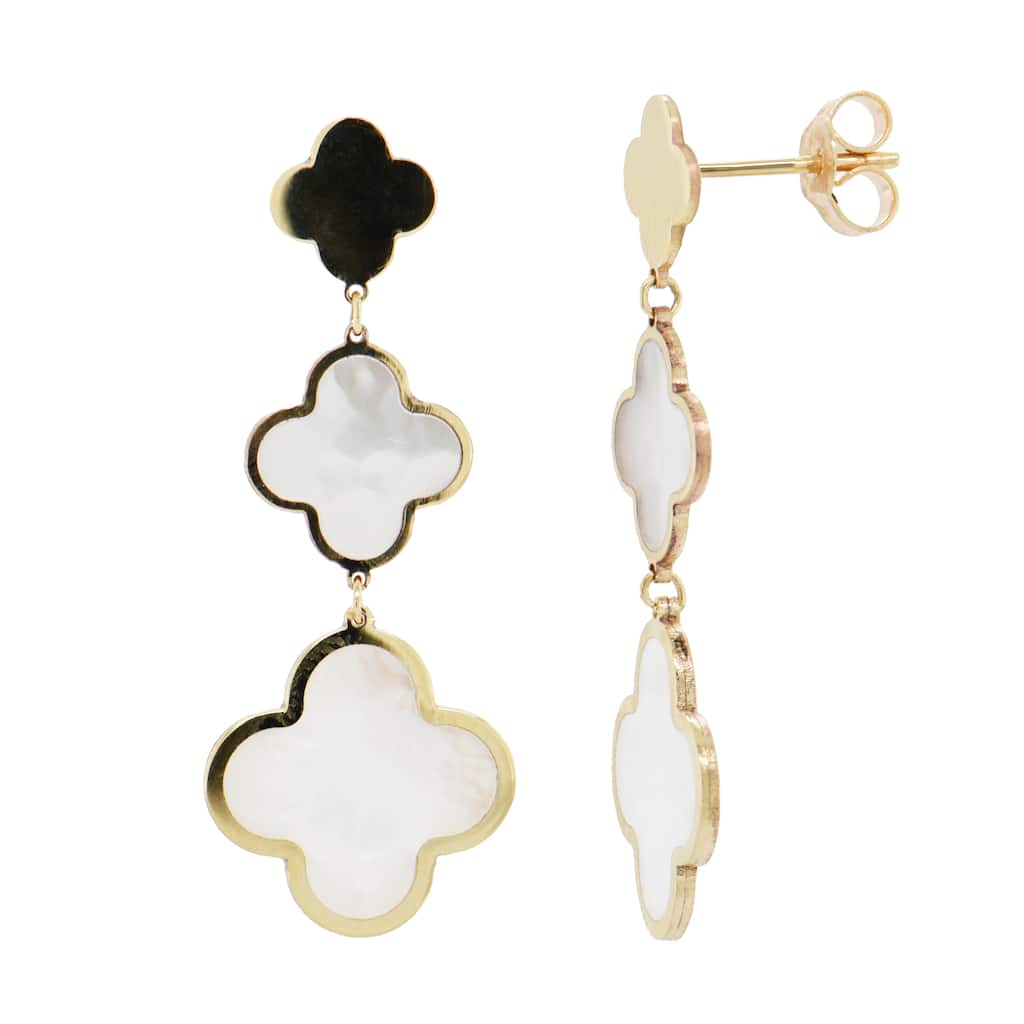 Italian Gold 14K Yellow Gold Mother of Pearl Clover Dangle Earrings 1.50 Inch Length 2.60 grams