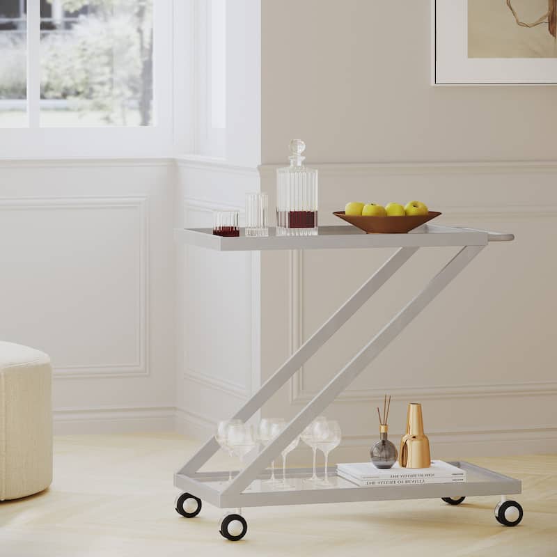Chic Bar Cart with Tempered Glass, Locking Casters, Iron Frame, 36.5" L x 18.75" W, Minimalist Design