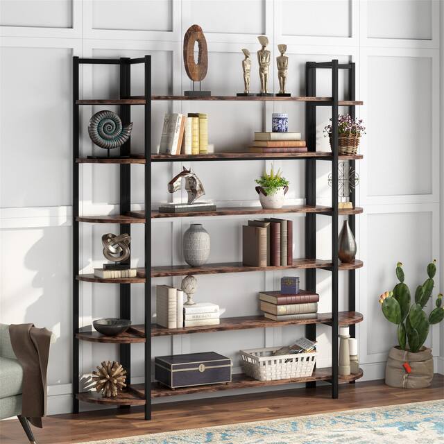 Triple Wide 6-Tier Bookshelves Bookcase Display Shelves - Vintage Brown