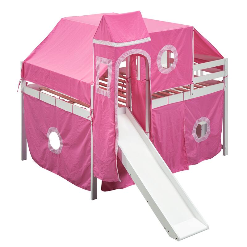 Full Pine Loft Bed with Staircase, Slide, Tent, Tower, and Guardrail