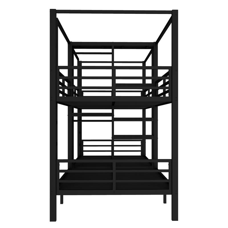 Quadruple Metal Bunk Bed with Built-in Storage Shelves & Wardrobe, Sturdy Black Frame