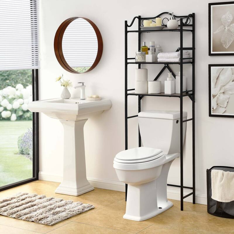 Sofucor Metal Freestanding Over The Toilet Storage with 3-Tier Wood Shelves,Black Bathroom Space Saver Organizer Small Spaces