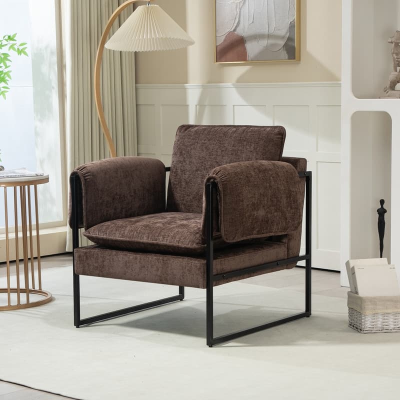 XINMICS Mid-Century Modern Accent Chair, Upholstered Armchair with Armrests and Metal Frame for Living Room, Bedroom - Brown