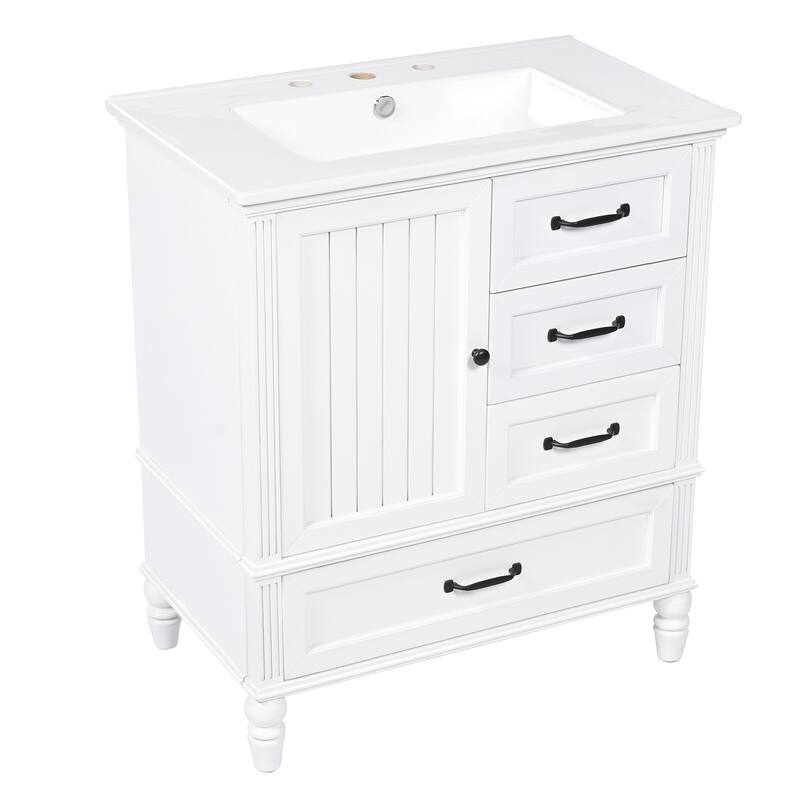 30" Bathroom Vanity with Sink, Bathroom Cabinet with A Door, Three Drawers, Solid Wood Legs & MDF Board, Adiustable Foot Pads