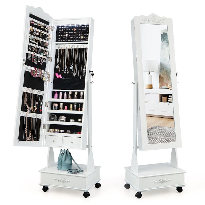 Gymax Rolling Jewelry Cabinet Armoire Full Length LED Mirror Lockable - White