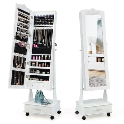 Gymax Rolling Jewelry Cabinet Armoire Full Length LED Mirror Lockable