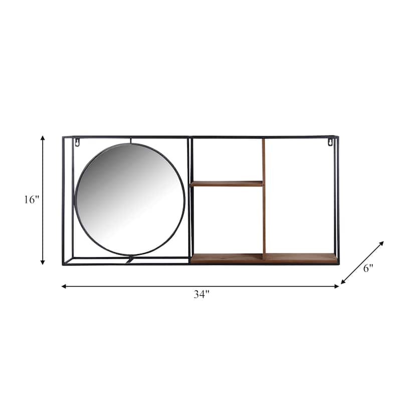 34" Wall Shelf with Mirror Contemporary Farmhouse Rustic Mounted Metal Shelf in Black/Brown with Mirror for Bathroom,