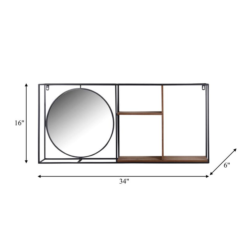 Wall Mount Shelf - Black Metal Brown Wood with Mirror - 34.0"