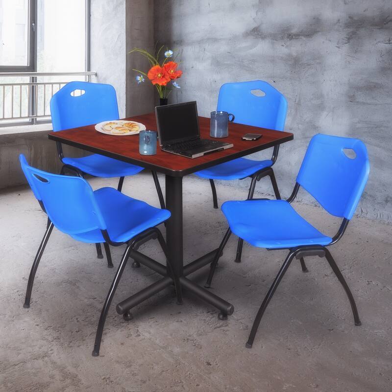 42" Square Breakroom Table- Cherry & 4 'M' Stack Chairs- Blue - 42