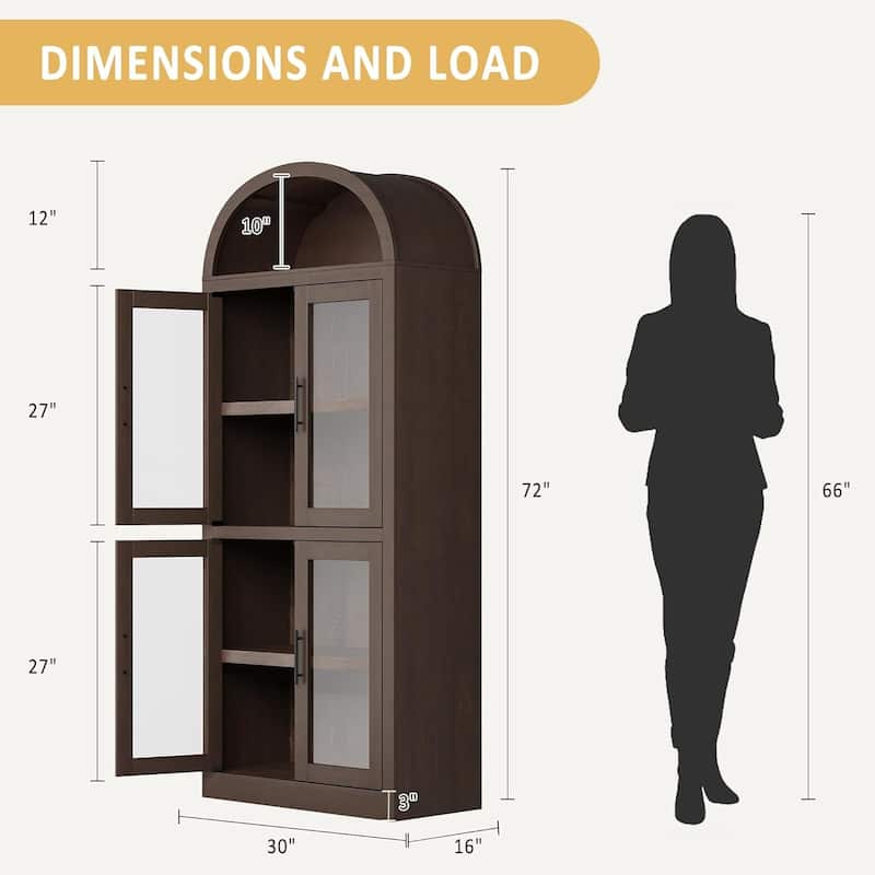 71.6" 5-Tier Arched Display Cabinet with Wooden Doors, Bookshelf - N/A