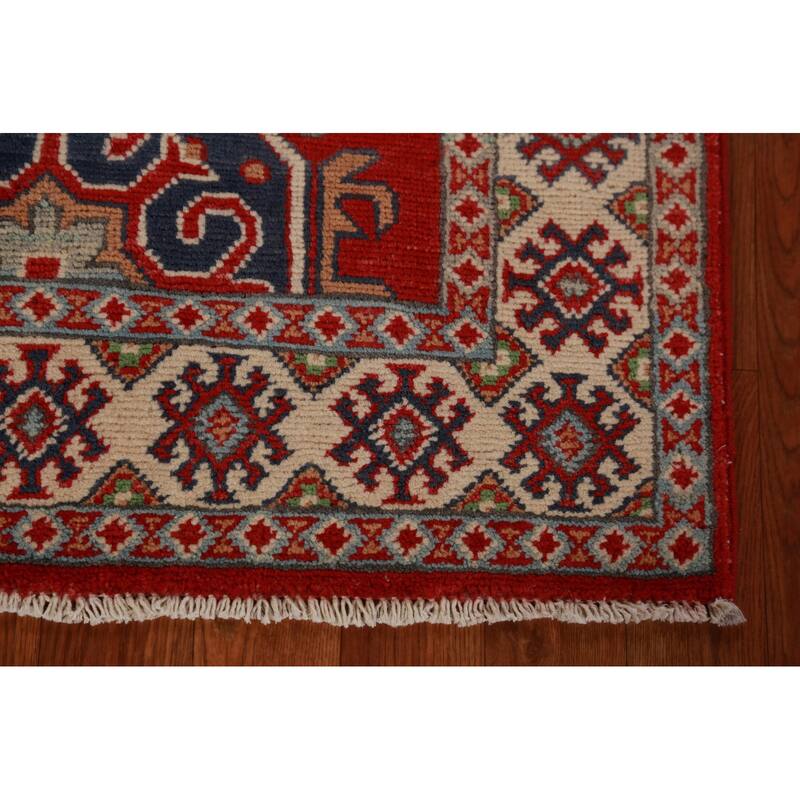 Bedroom Red Kazak Foyer Rug Hand-Knotted Geometric Wool Carpet - 2'8"x 4'0"