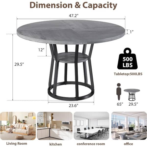 dimension image slide 0 of 4, Round Dining Table for 4-6, 47.2" Farmhouse Kitchen Table with Storage, Circle Dinner Tables - N/A