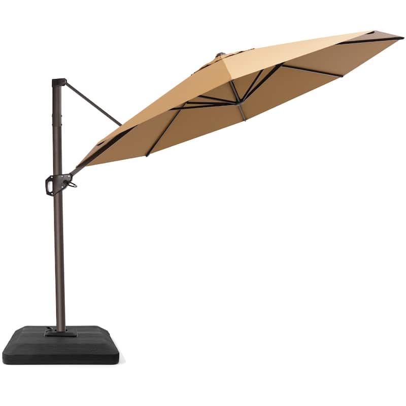 11 Ft Outdoor Patio Cantilever 360 Degree Rotation Offset Umbrella with 4-Piece Fillable Weighted Base - Tan
