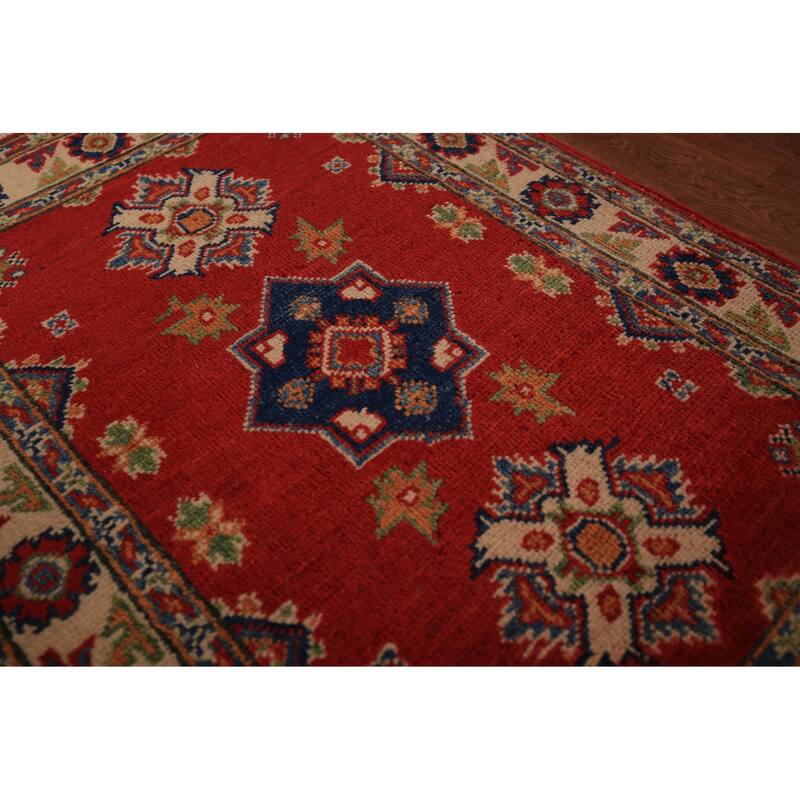 Geometric Red Kazak Foyer Rug Hand-Knotted Traditional Wool Carpet - 2'0" x 3'0"