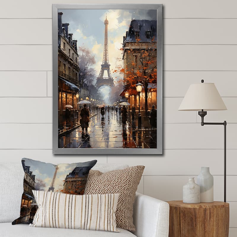 Designart "Eiffel Paris In 19 Century" City Paris Framed Canvas Prints - 12 in. wide x 20 in. high - Silver