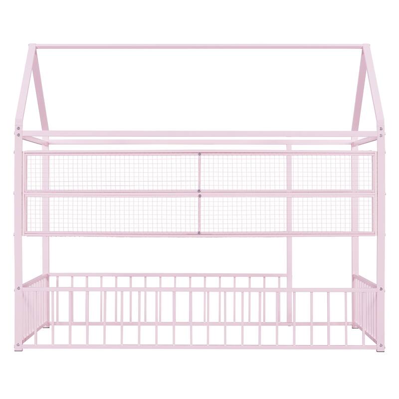 Full Size Metal House Bed Frame with Built-In Grid Shelves, Playful Canopy Design and Space-Saving Storage