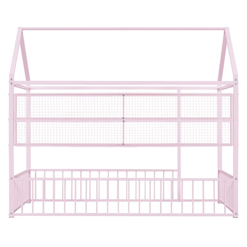 Twin Size Metal Bed House Bed Frame with Fence and Shelves, Black