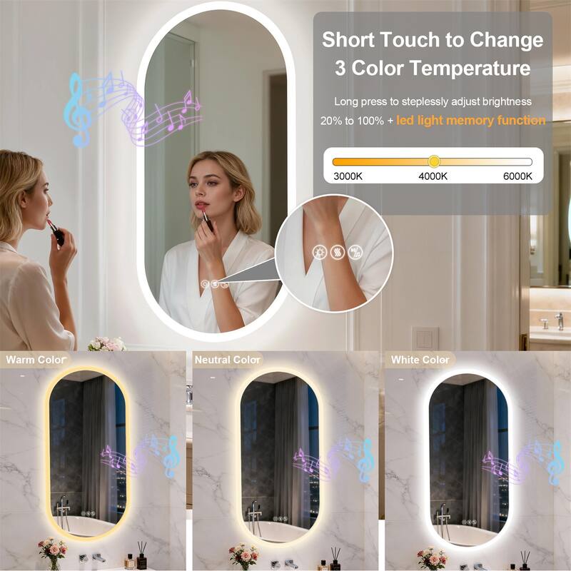 Oblong Bluetooth Led Lighted Bathroom Makeup Mirror Tempered Glass Backlit Vanity Mirror