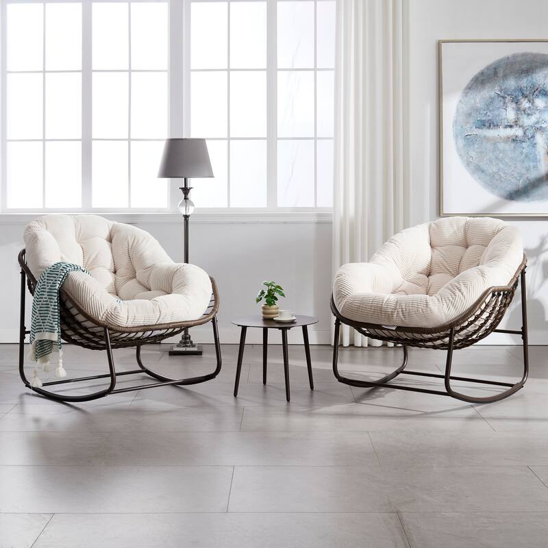 Rattan Rocking Chair with Padded Cushion and Steel Frame Recliner, 250lb Capacity