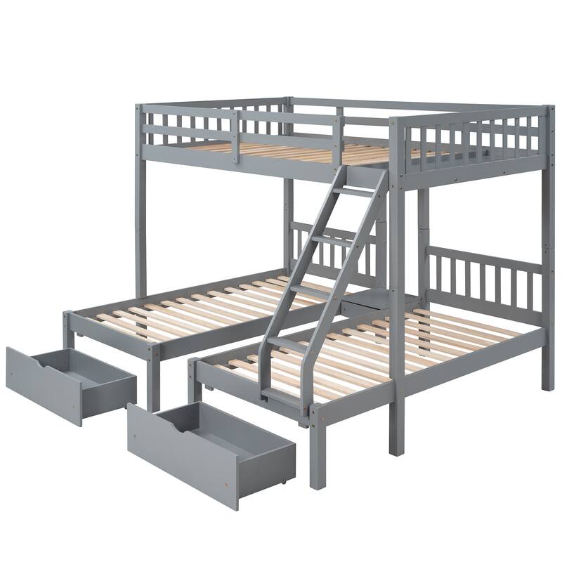 Full Over Twin Wood Triple Bunk Bed with Drawers, Guardrails, and Angled Ladder - Space-Saving Design