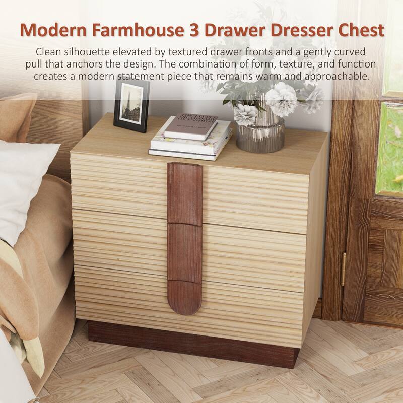 COZAYH Modern Farmhouse Dresser with Grooved Front Design, Spacious Rustic Bedside Chest for Bedroom Light Natural Wood Finish