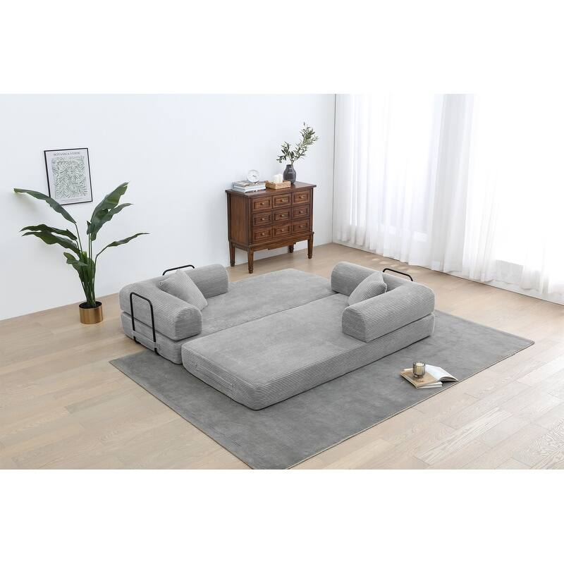Convertible Sleeper Sofa Bed, Corduroy 3-Seat Fold-Out Couch with Pillow