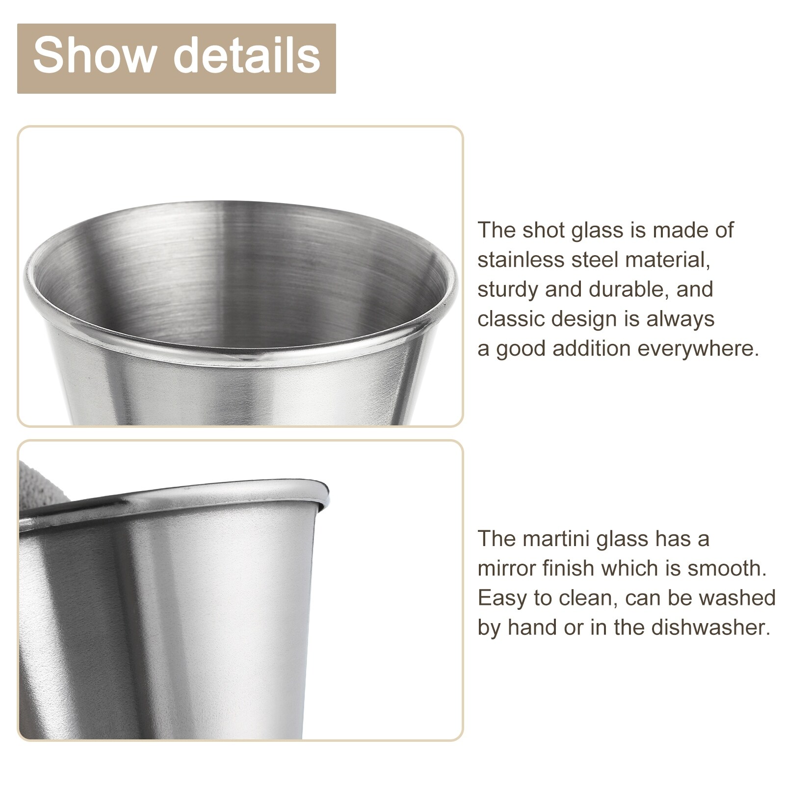 Stainless Steel Shot Glasses, 6pcs 70ml/2.5 oz Clear for Bar Restaurants Home - Silver