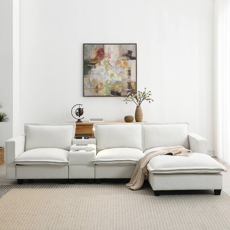 Cloud Sectional Sofa wConsole, USB, Reading Light, Cup Holder, Ottoman