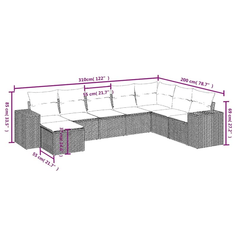 vidaXL Patio Sofa Set with Cushions Outdoor Conversation Furniture Poly Rattan - 24.4" x 24.4" x 27.2"