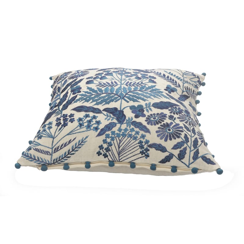 Sevita Dyna Bohemian Floral White/Navy Embroidered Throw Pillow