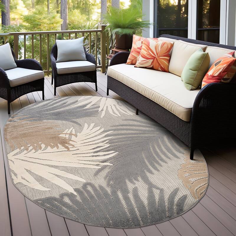World Rug Gallery Tropical Floral Indoor/Outdoor Area Rug - 5' x 7' OVAL - Grey