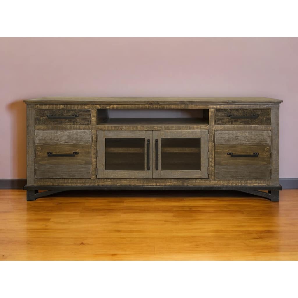 HomeRoots 76" Brown Solid Wood Cabinet Enclosed Storage Distressed TV Stand - 75.5' X '32' X '17.75