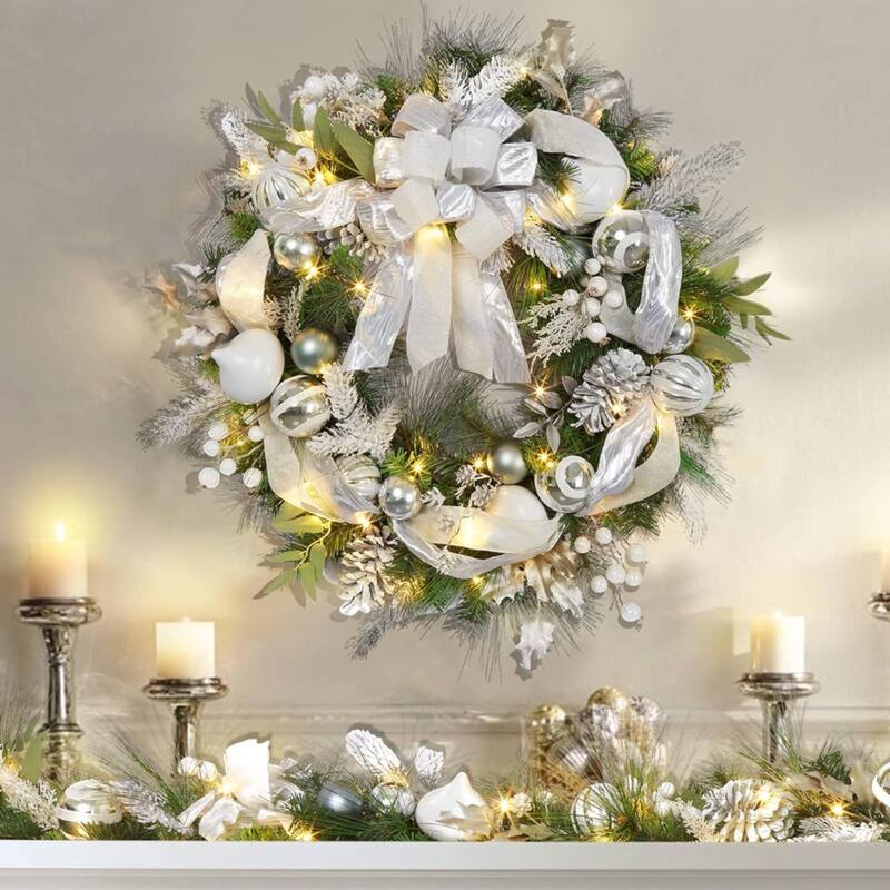 30 Inch Silver White Christmas Wreath for Front Door - N/A - Silver