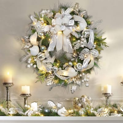 30 Inch Silver White Christmas Wreath for Front Door - N/A