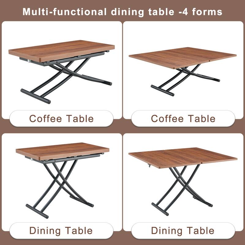 Modern Lift Table With 0.8-Inch Wood-Textured MDF Top & Black Metal Legs; Functions As Dressing, Coffee, Dining, Or Office Desk.