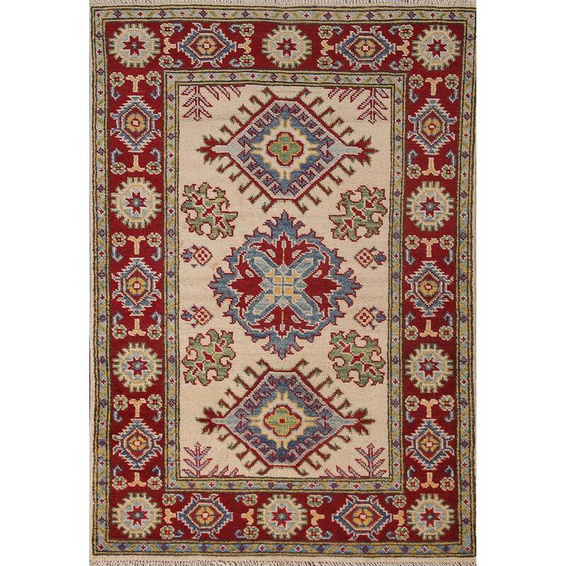 Geometric Kazak Accent Rug Handmade Wool Carpet - 2'8" x 4'0"