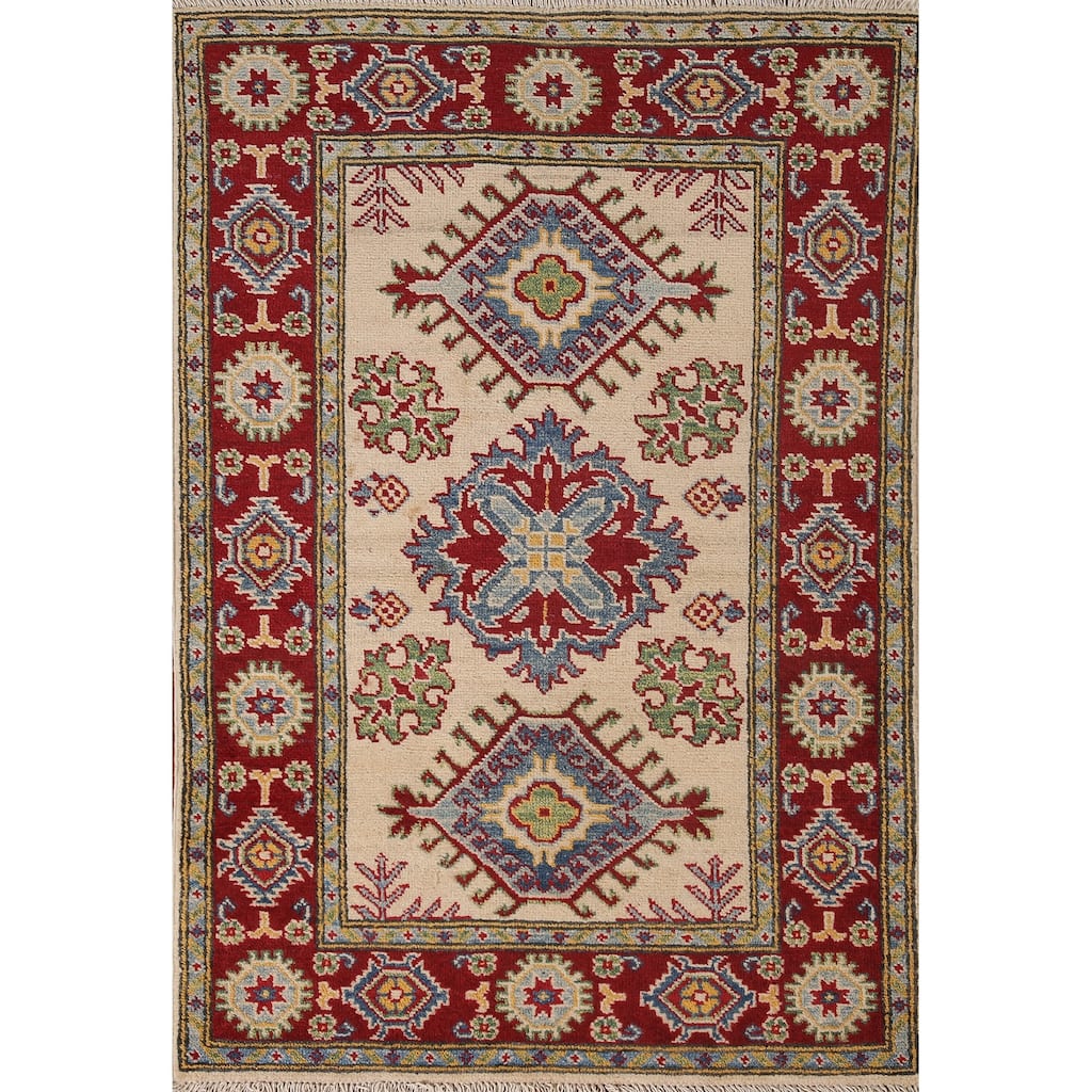 Geometric Kazak Accent Rug Handmade Wool Carpet - 2'8" x 4'0"