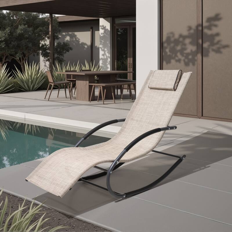 Outdoor Patio Rocking Chair Curved Rocker Chaise Lounge Chair with Pillow - 57.87" L x 24.70" W x 35.43" H - Beige